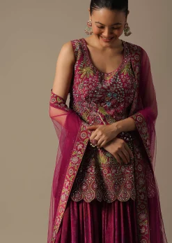 Pink Silk Palazzo Set With Mirror Work
