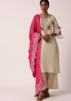 Pink Silk Palazzo Set With Embroidered Kurta