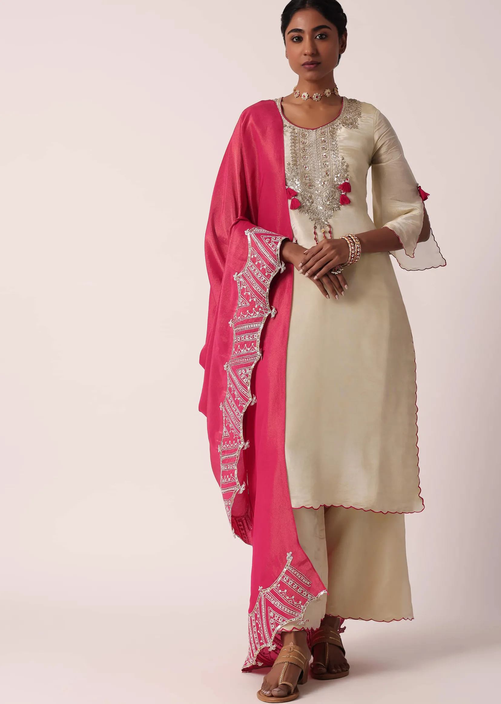 Pink Silk Palazzo Set With Embroidered Kurta