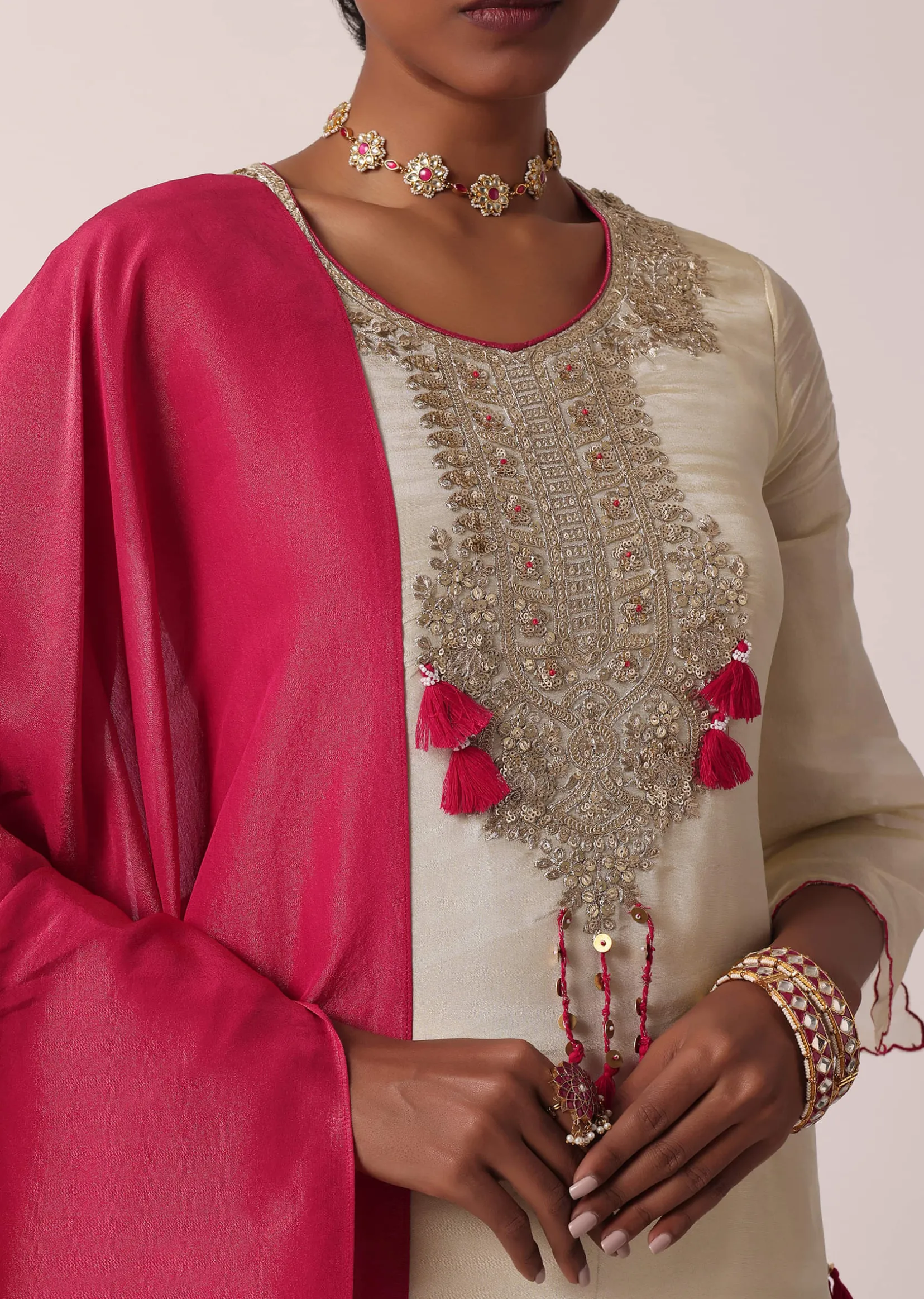 Pink Silk Palazzo Set With Embroidered Kurta