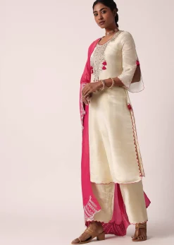 Pink Silk Palazzo Set With Embroidered Kurta