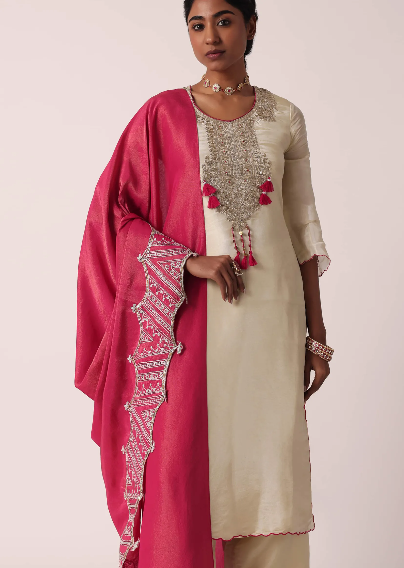 Pink Silk Palazzo Set With Embroidered Kurta