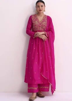 Pink Silk Palazzo Set With Zari Embroidered A-Line Kurta And Dupatta