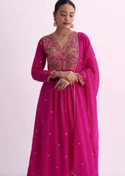 Pink Silk Palazzo Set With Zari Embroidered A-Line Kurta And Dupatta
