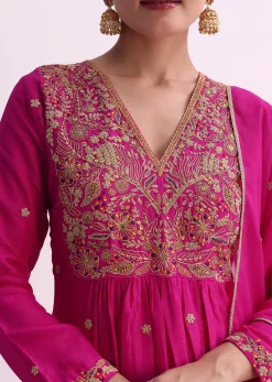 Pink Silk Palazzo Set With Zari Embroidered A-Line Kurta And Dupatta