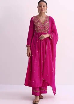 Pink Silk Palazzo Set With Zari Embroidered A-Line Kurta And Dupatta