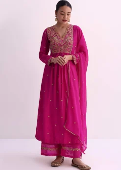 Pink Silk Palazzo Set With Zari Embroidered A-Line Kurta And Dupatta
