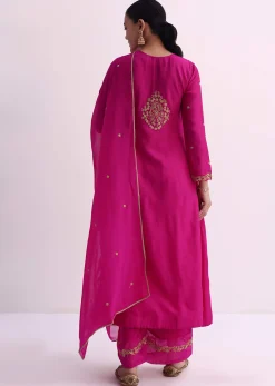 Pink Silk Palazzo Set With Zari Embroidered A-Line Kurta And Dupatta