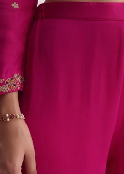 Pink Silk Palazzo Set With Zari Embroidered A-Line Kurta And Dupatta