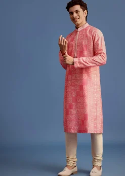 Pink Silk Printed Kurta Set With Mandarin Collar