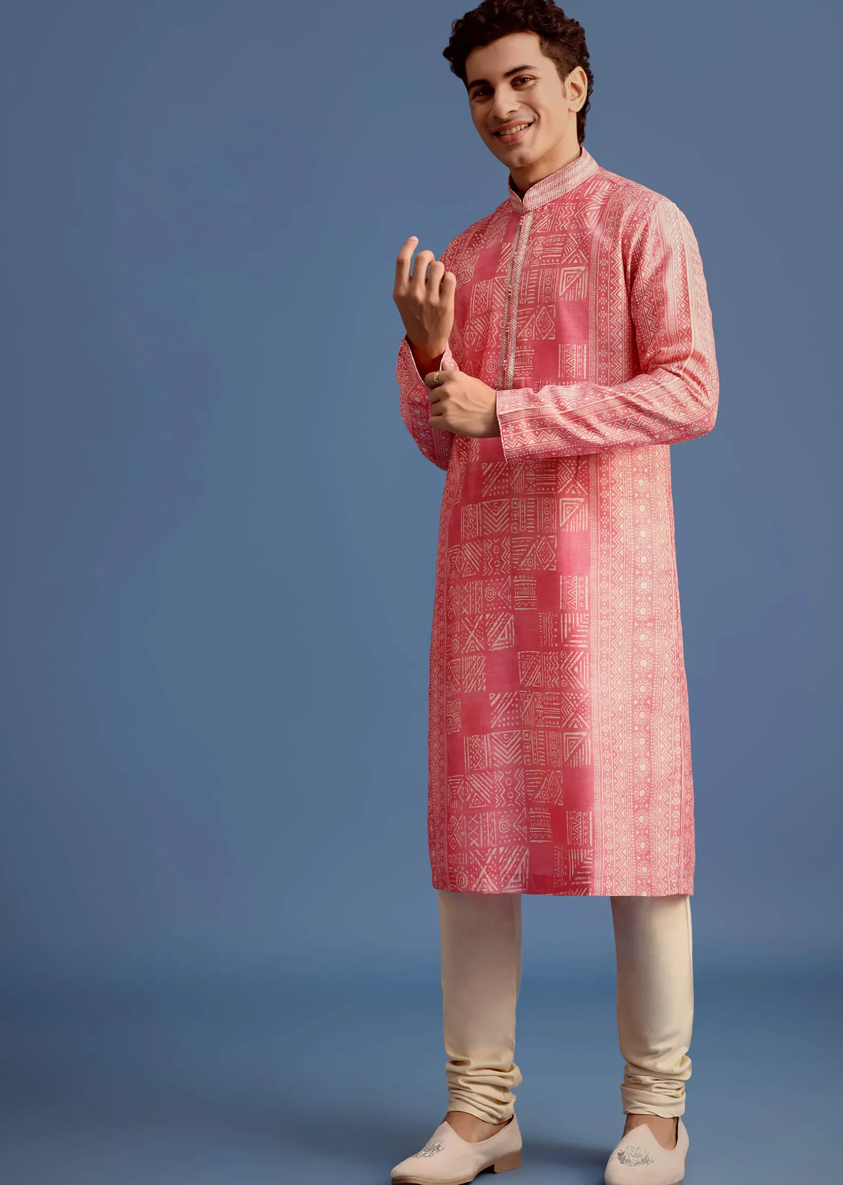 Pink Silk Printed Kurta Set With Mandarin Collar