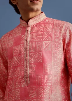 Pink Silk Printed Kurta Set With Mandarin Collar