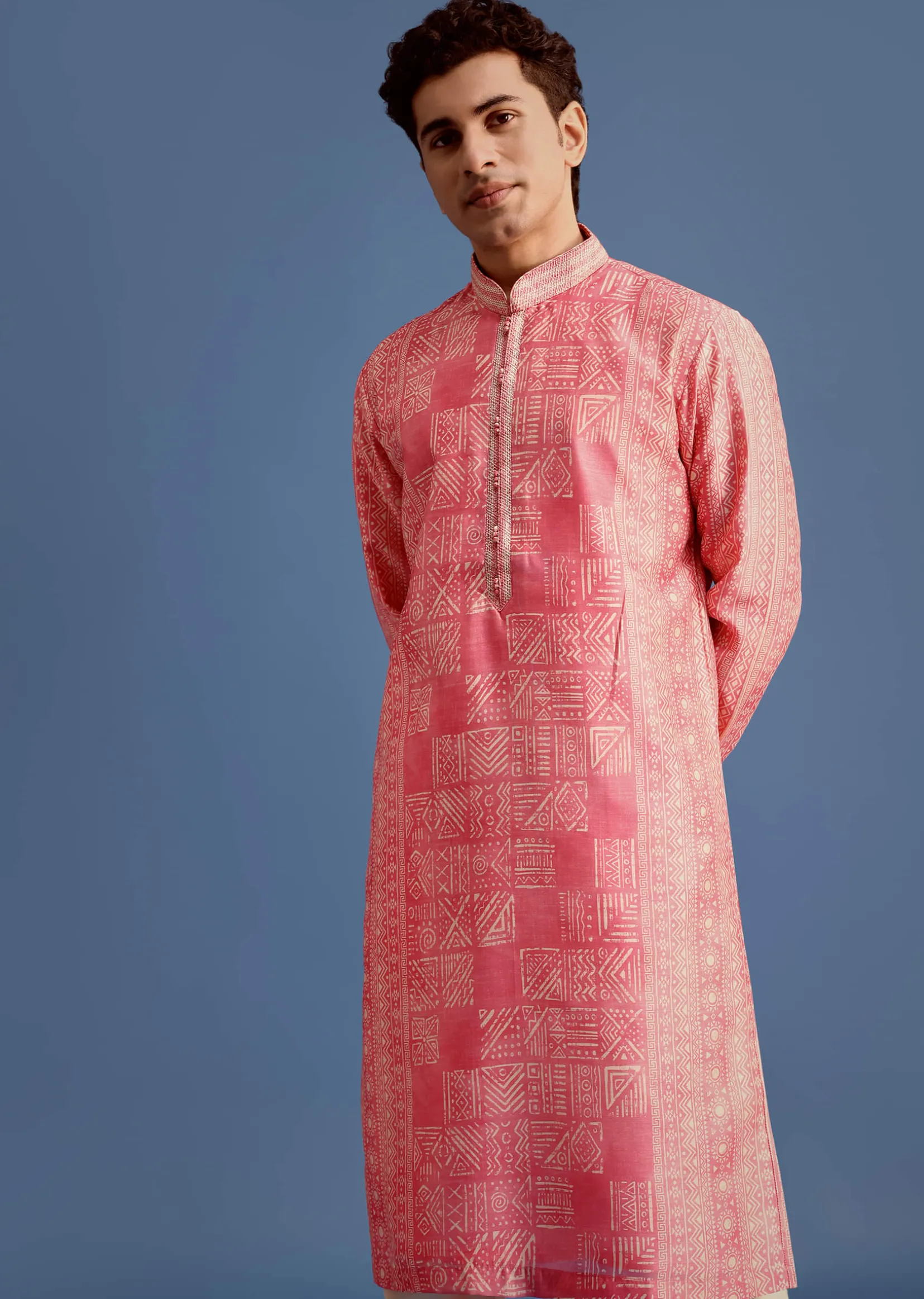 Pink Silk Printed Kurta Set With Mandarin Collar