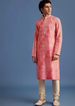 Pink Silk Printed Kurta Set With Mandarin Collar