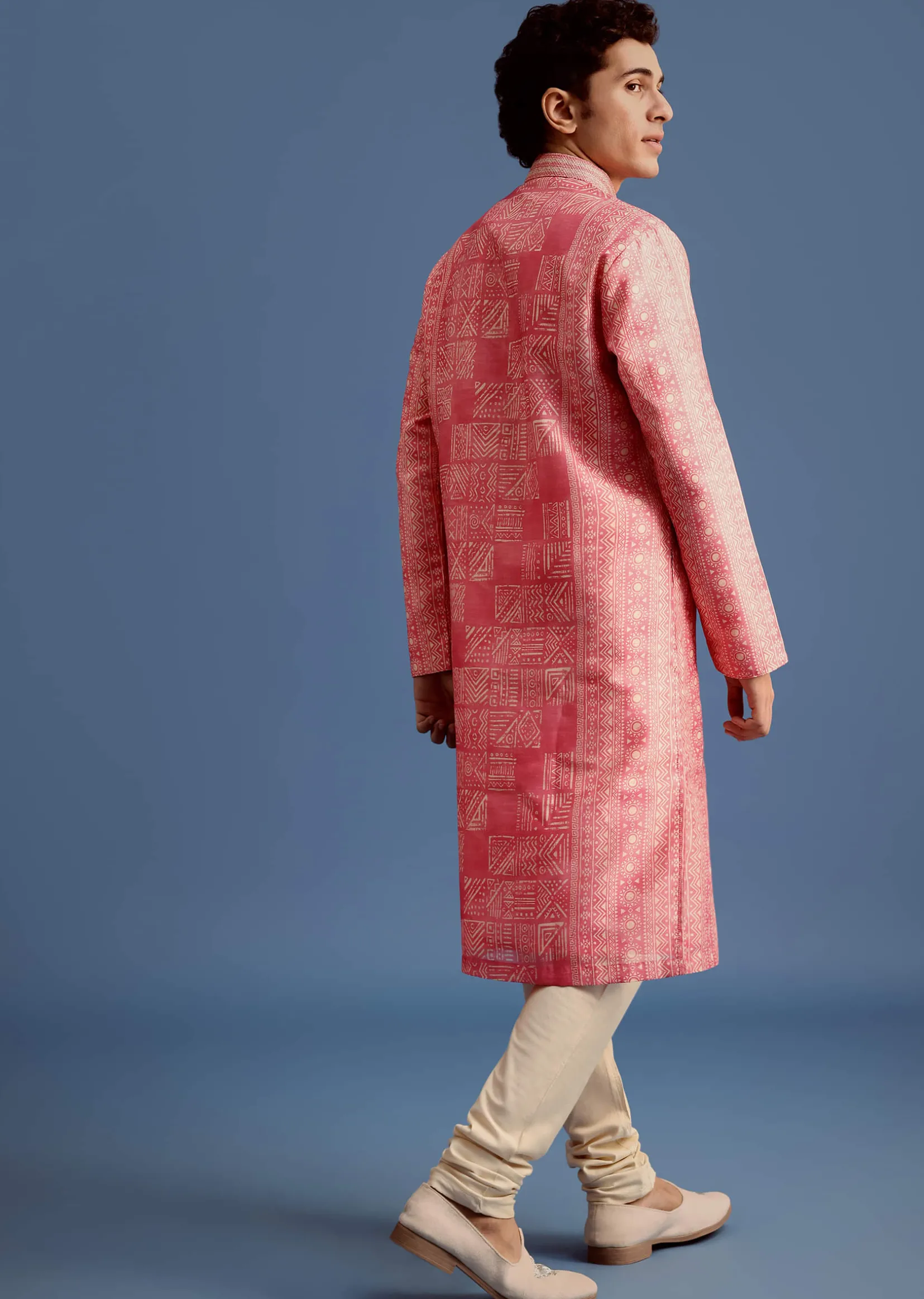 Pink Silk Printed Kurta Set With Mandarin Collar