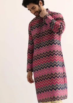 Pink Silk Printed Kurta Set For Men