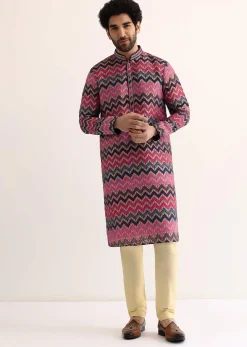 Pink Silk Printed Kurta Set For Men