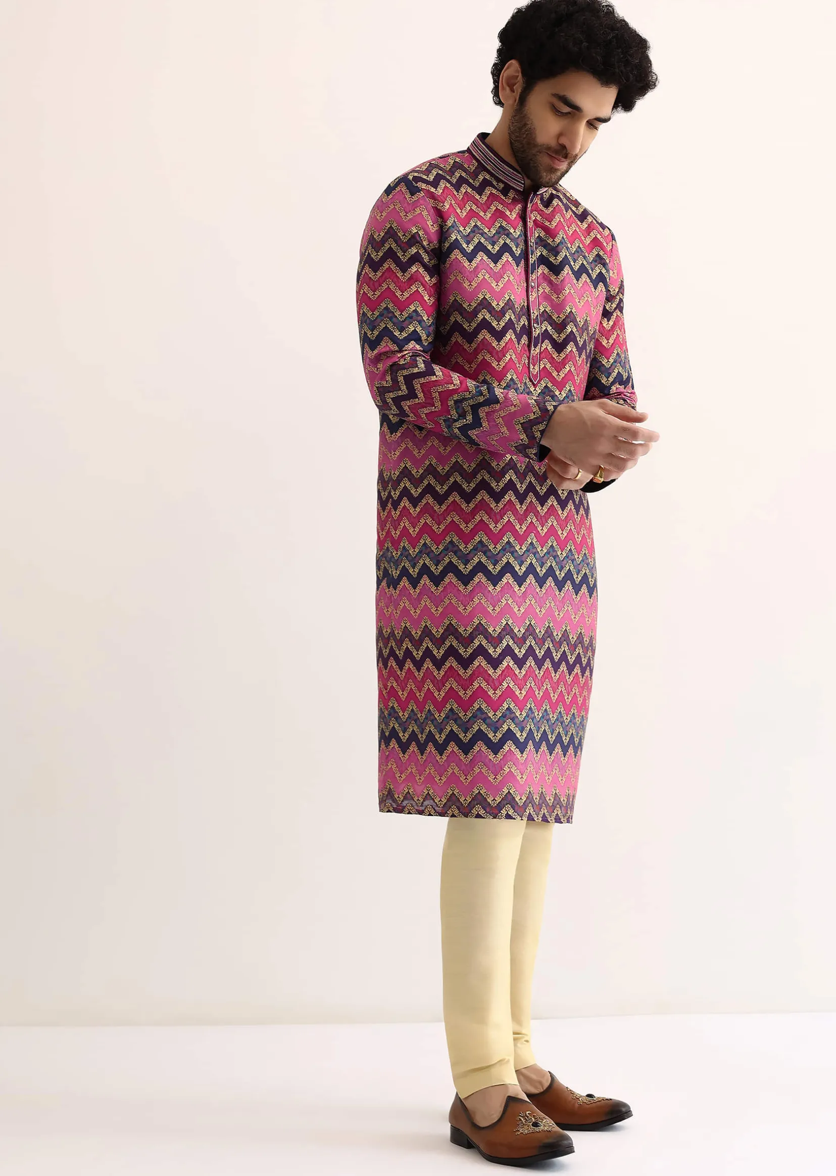 Pink Silk Printed Kurta Set For Men