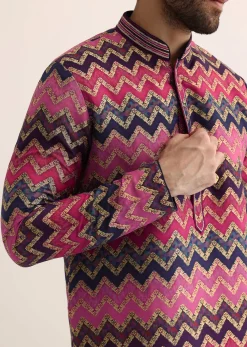 Pink Silk Printed Kurta Set For Men