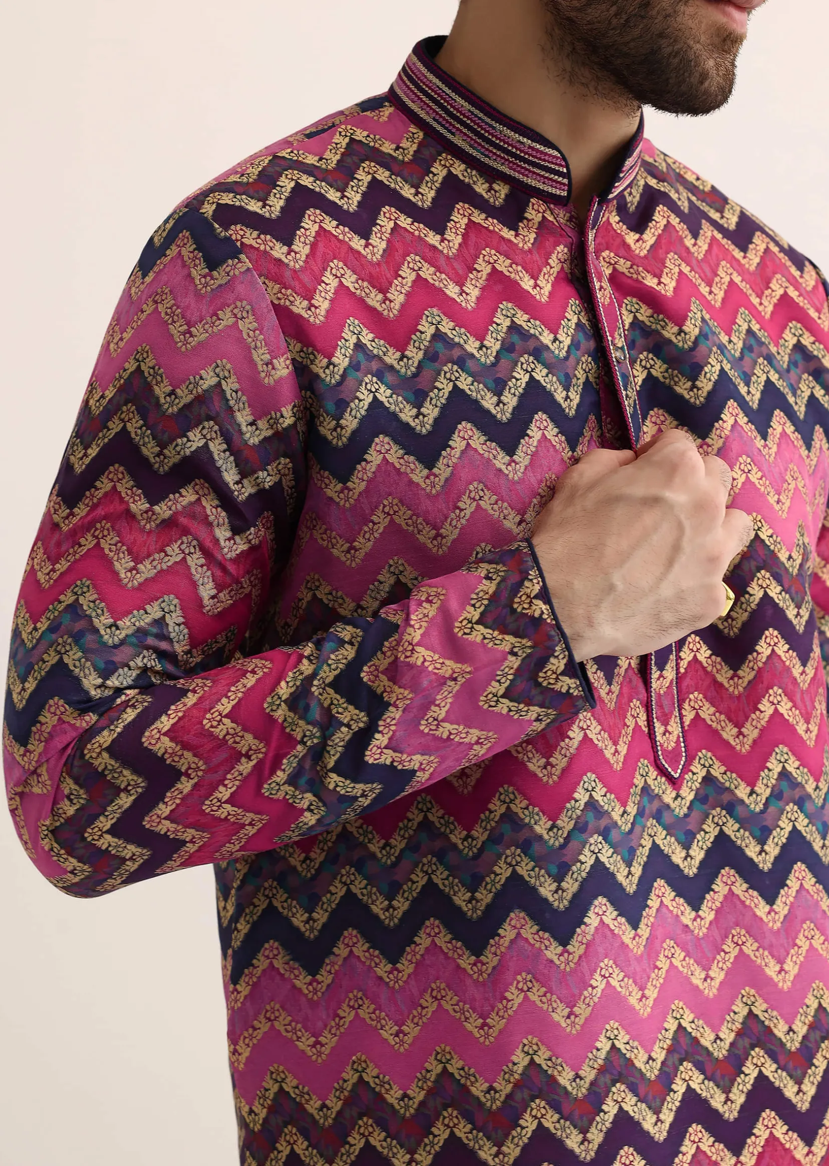 Pink Silk Printed Kurta Set For Men