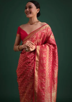 Pink Silk Saree With Zari Woven Jaal Work And Traditional Motif Border