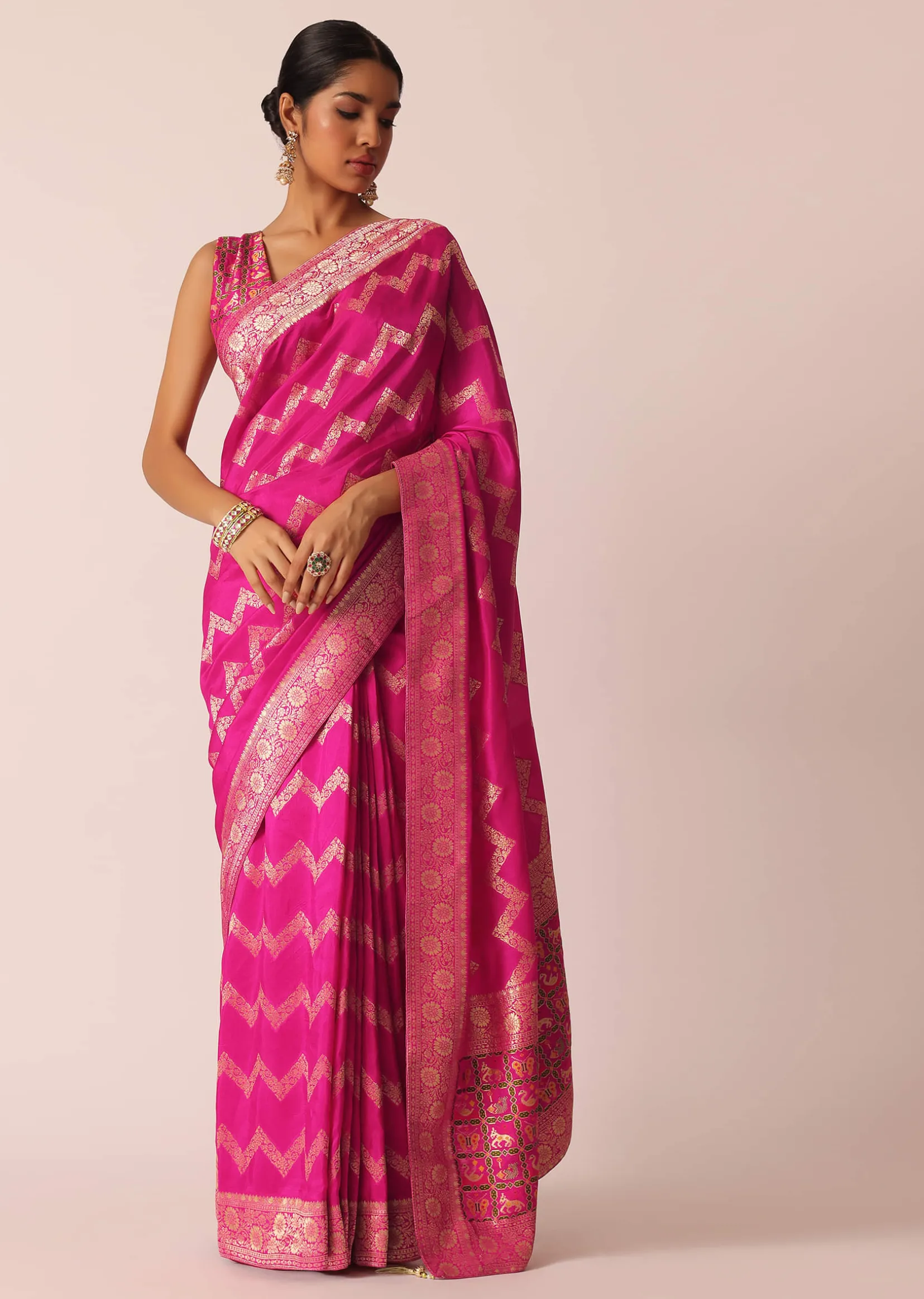 Pink Silk Saree with Zari Zig Zag Detail And Unstitched Blouse Piece