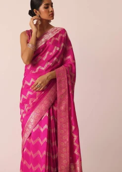 Pink Silk Saree with Zari Zig Zag Detail And Unstitched Blouse Piece
