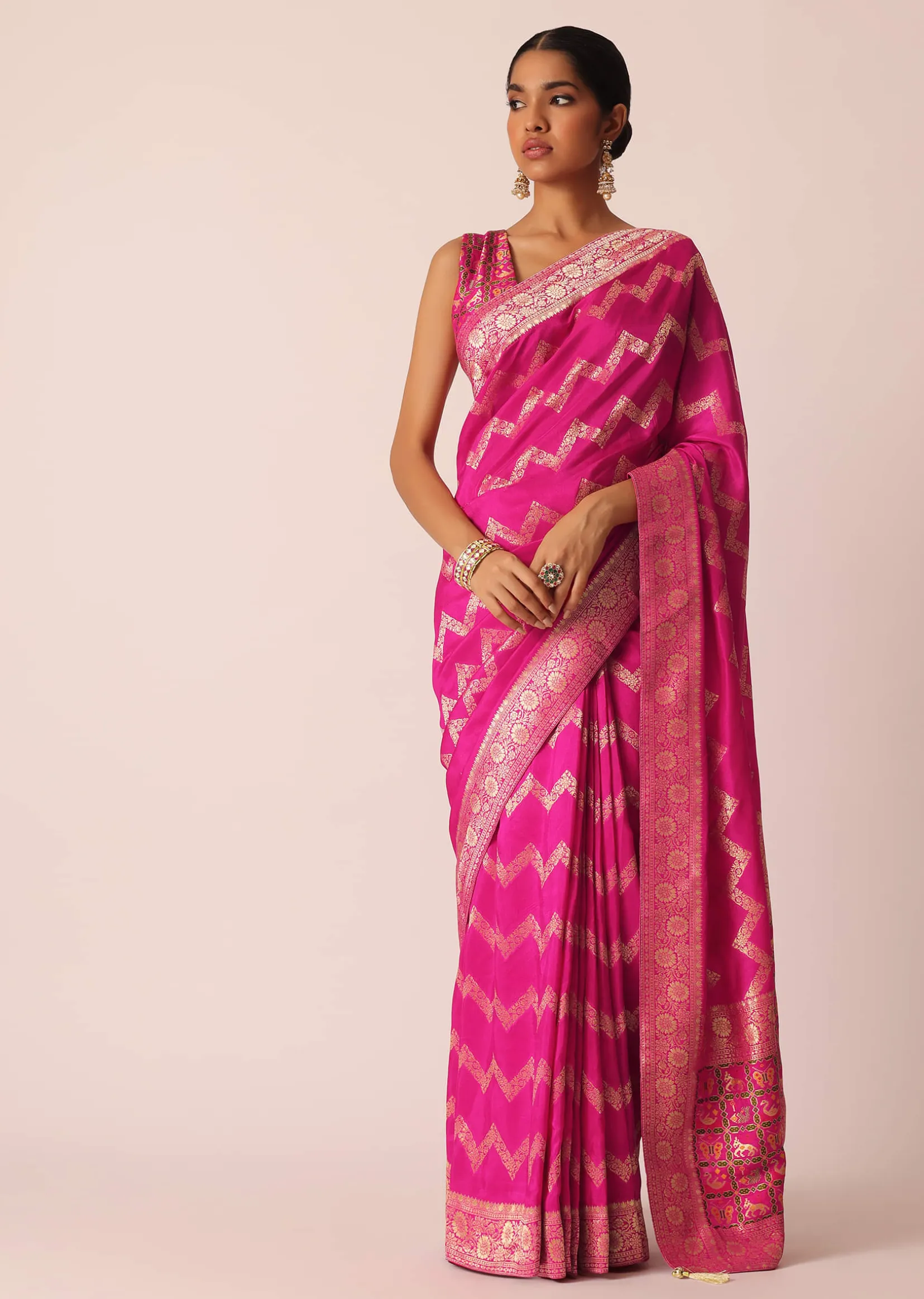 Pink Silk Saree with Zari Zig Zag Detail And Unstitched Blouse Piece