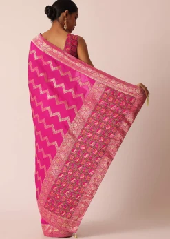 Pink Silk Saree with Zari Zig Zag Detail And Unstitched Blouse Piece