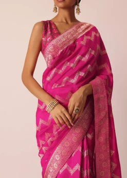 Pink Silk Saree with Zari Zig Zag Detail And Unstitched Blouse Piece