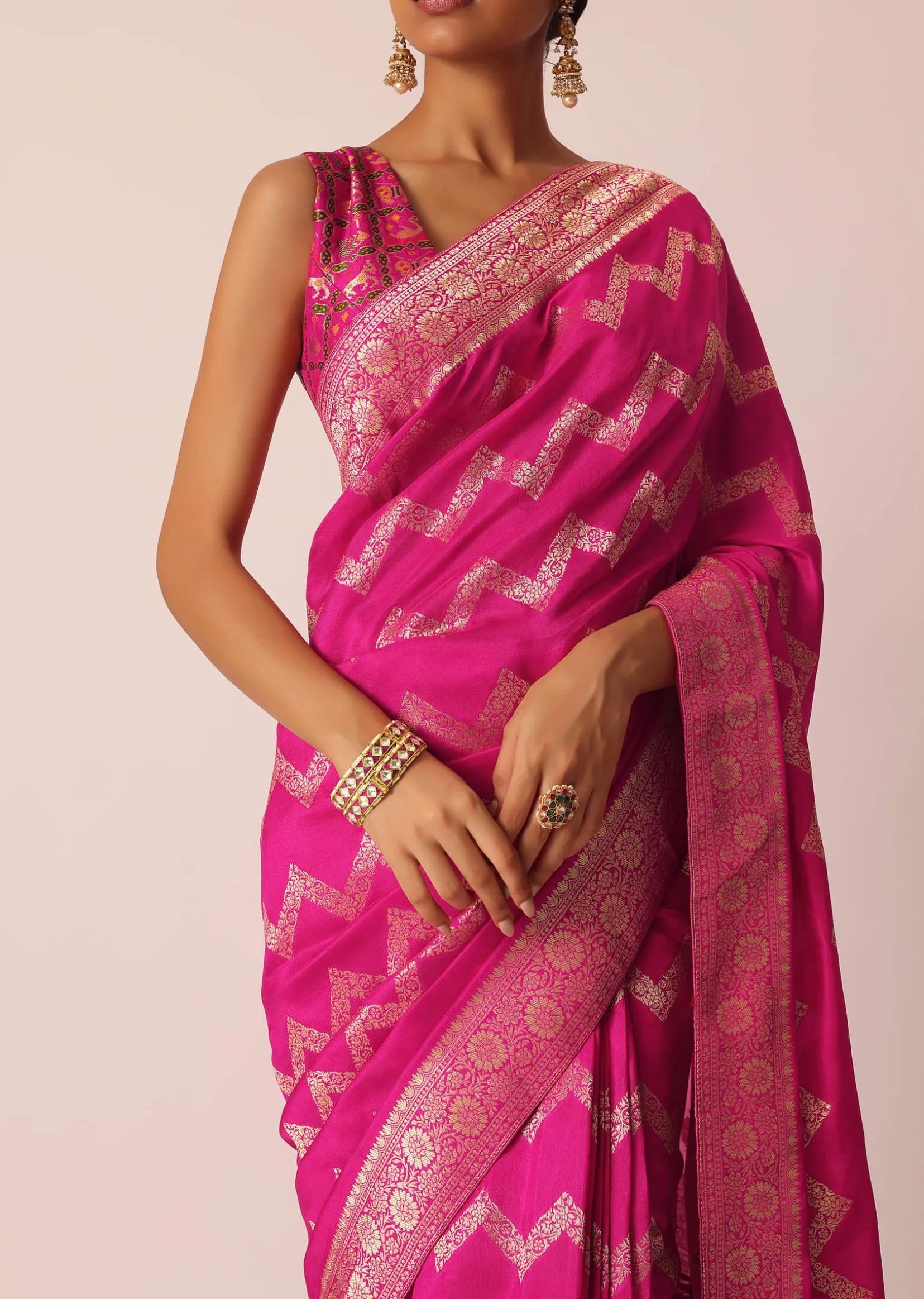 Pink Silk Saree with Zari Zig Zag Detail And Unstitched Blouse Piece