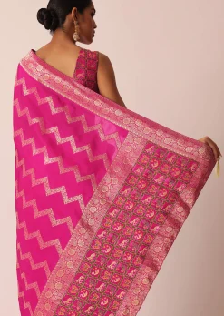 Pink Silk Saree with Zari Zig Zag Detail And Unstitched Blouse Piece