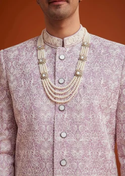 Pink Silk Sherwani Set With Bead Work On Collar