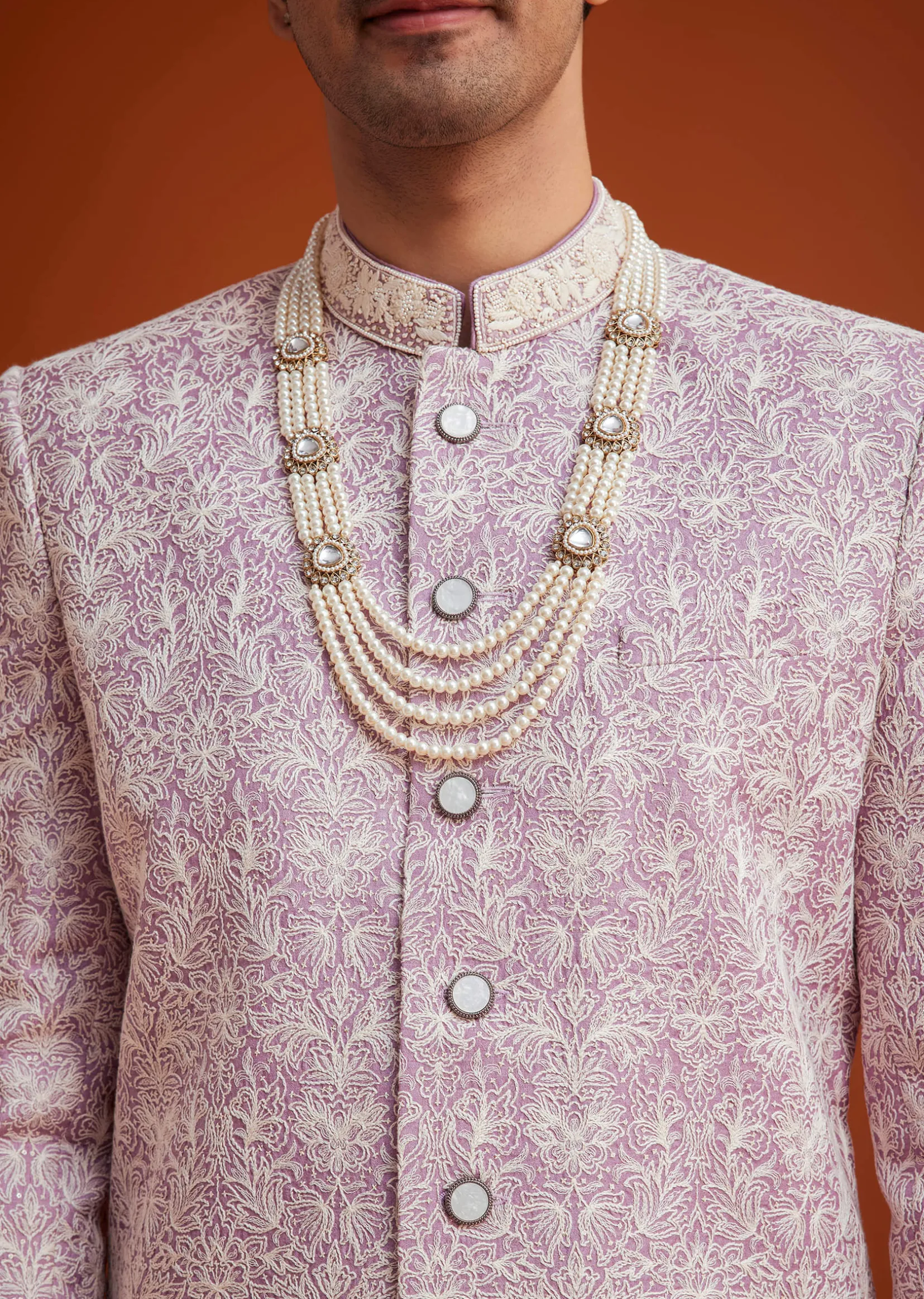 Pink Silk Sherwani Set With Bead Work On Collar