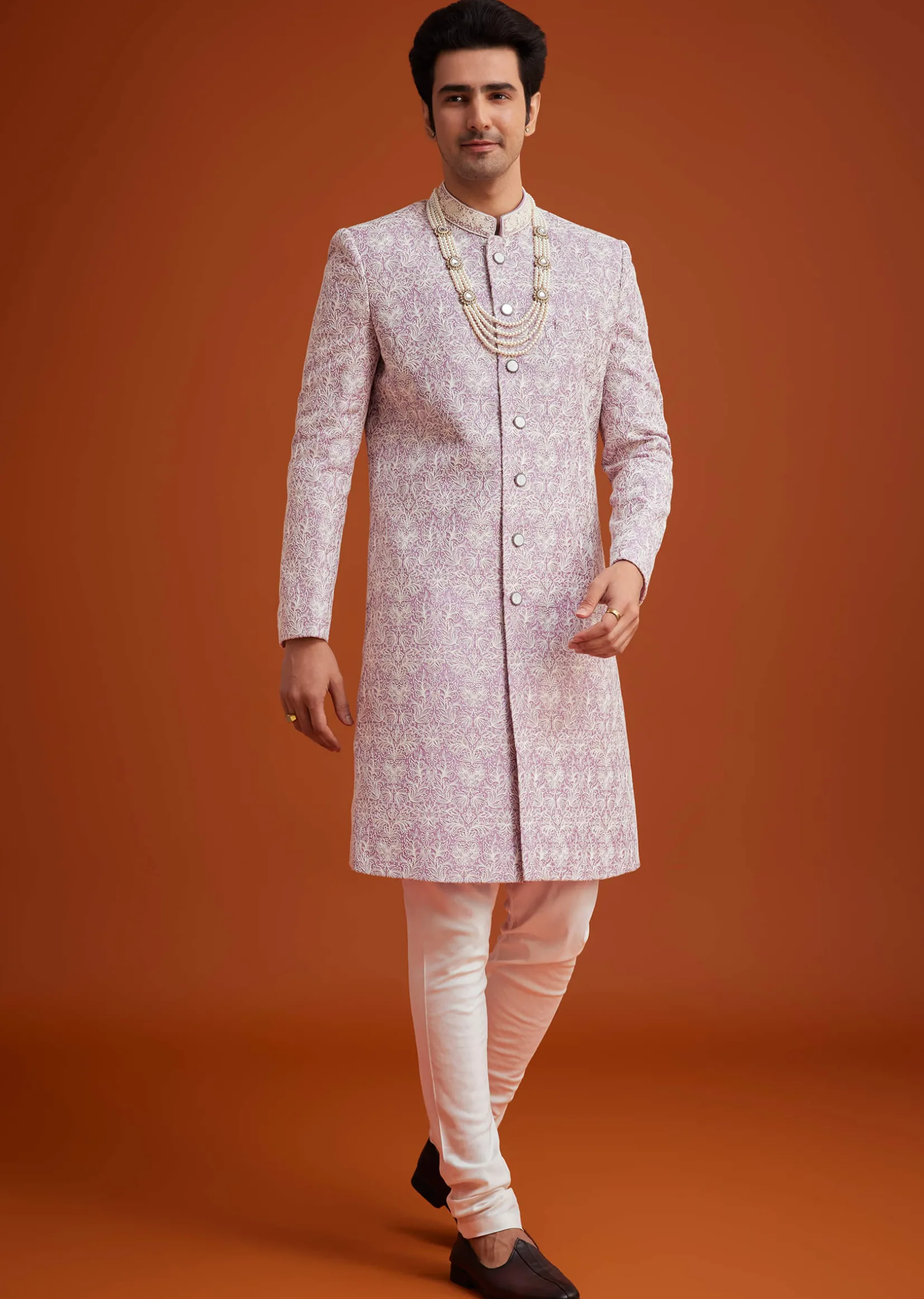 Pink Silk Sherwani Set With Bead Work On Collar
