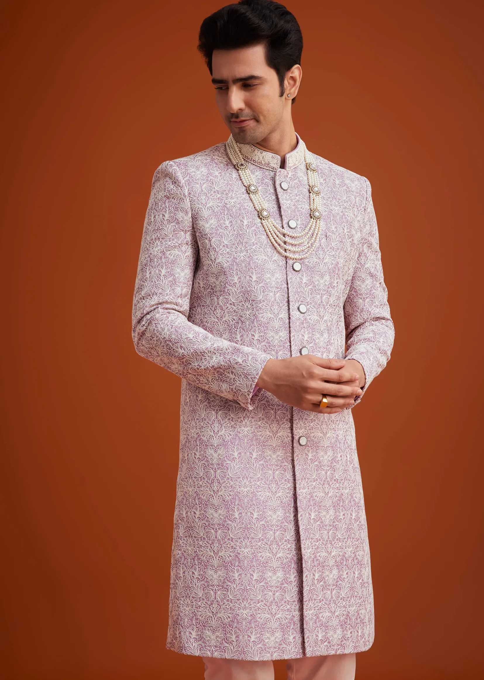Pink Silk Sherwani Set With Bead Work On Collar