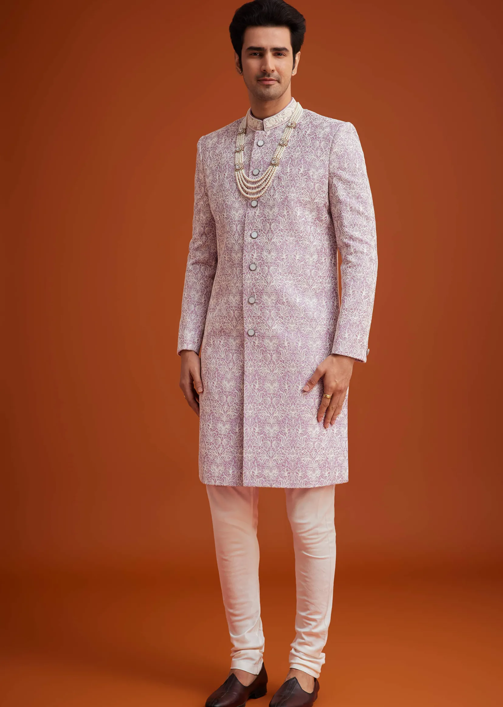 Pink Silk Sherwani Set With Bead Work On Collar