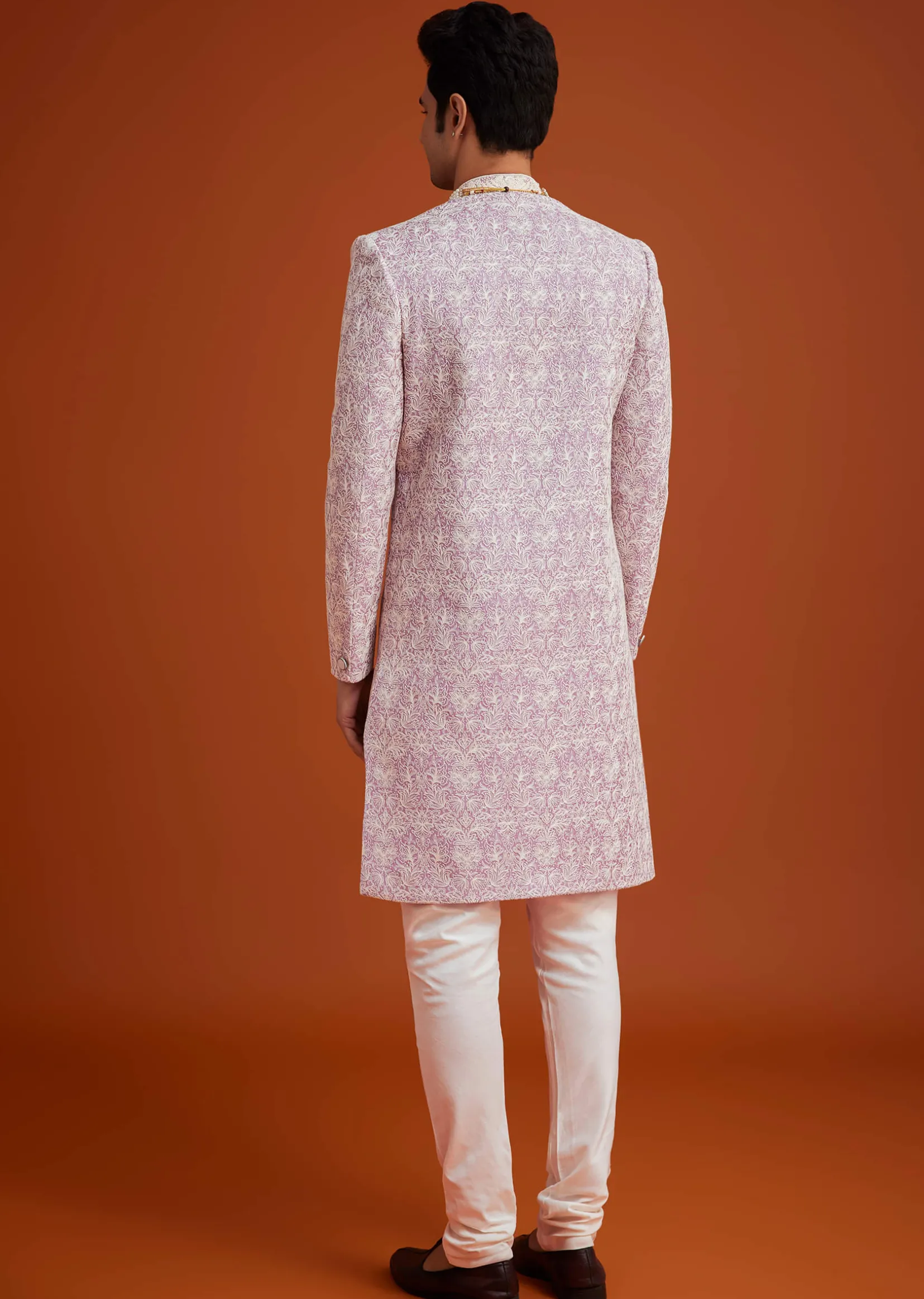 Pink Silk Sherwani Set With Bead Work On Collar