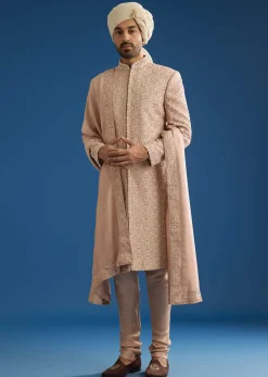 Pink Silk Sherwani Set With Tonal Hand Embroidery