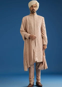 Pink Silk Sherwani Set With Tonal Hand Embroidery