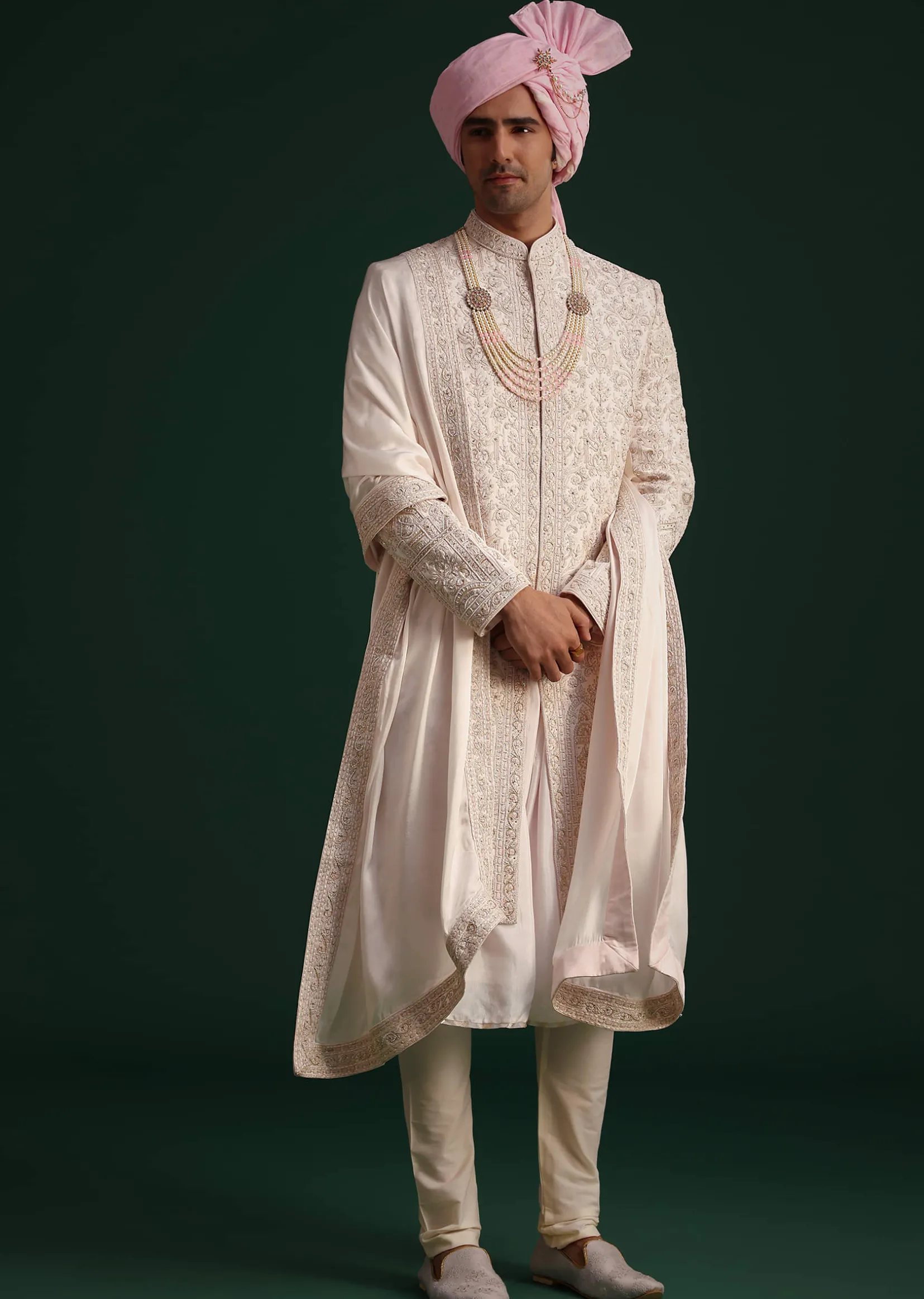 Pink Silk Threadwork Sherwani Set With Anarkali Kurta