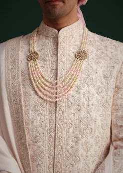 Pink Silk Threadwork Sherwani Set With Anarkali Kurta