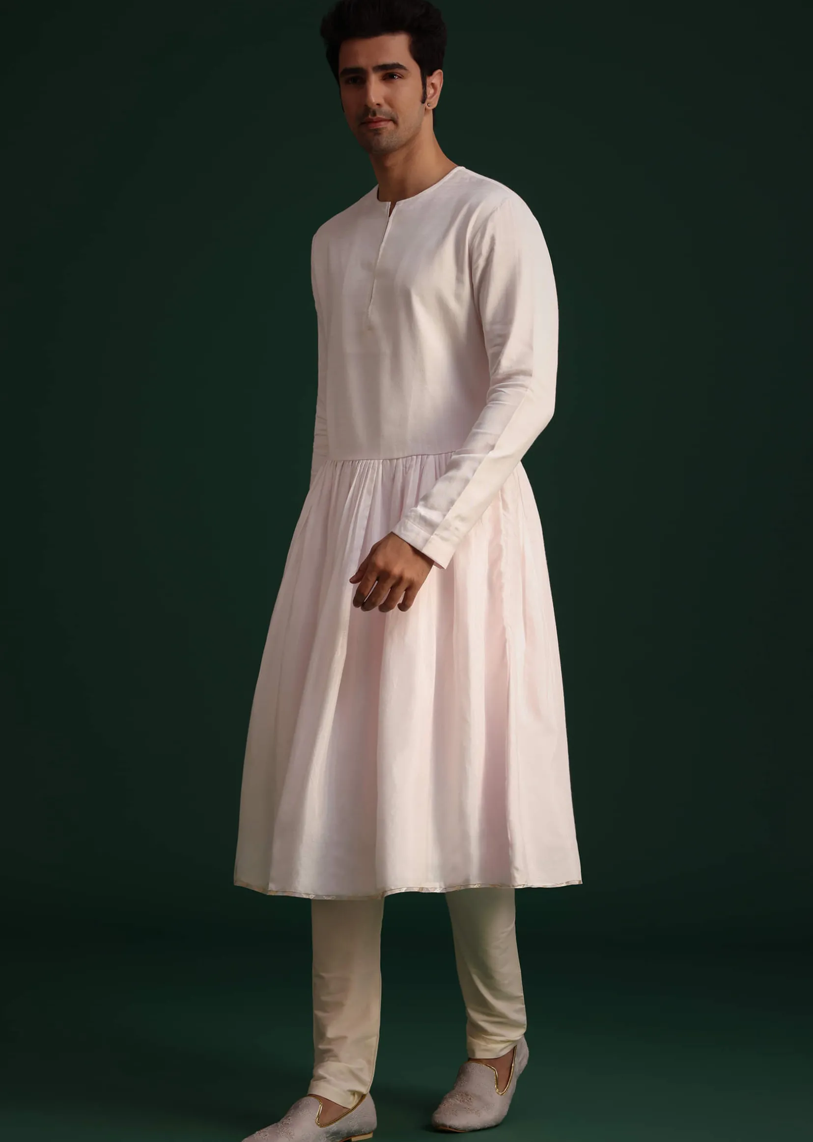 Pink Silk Threadwork Sherwani Set With Anarkali Kurta