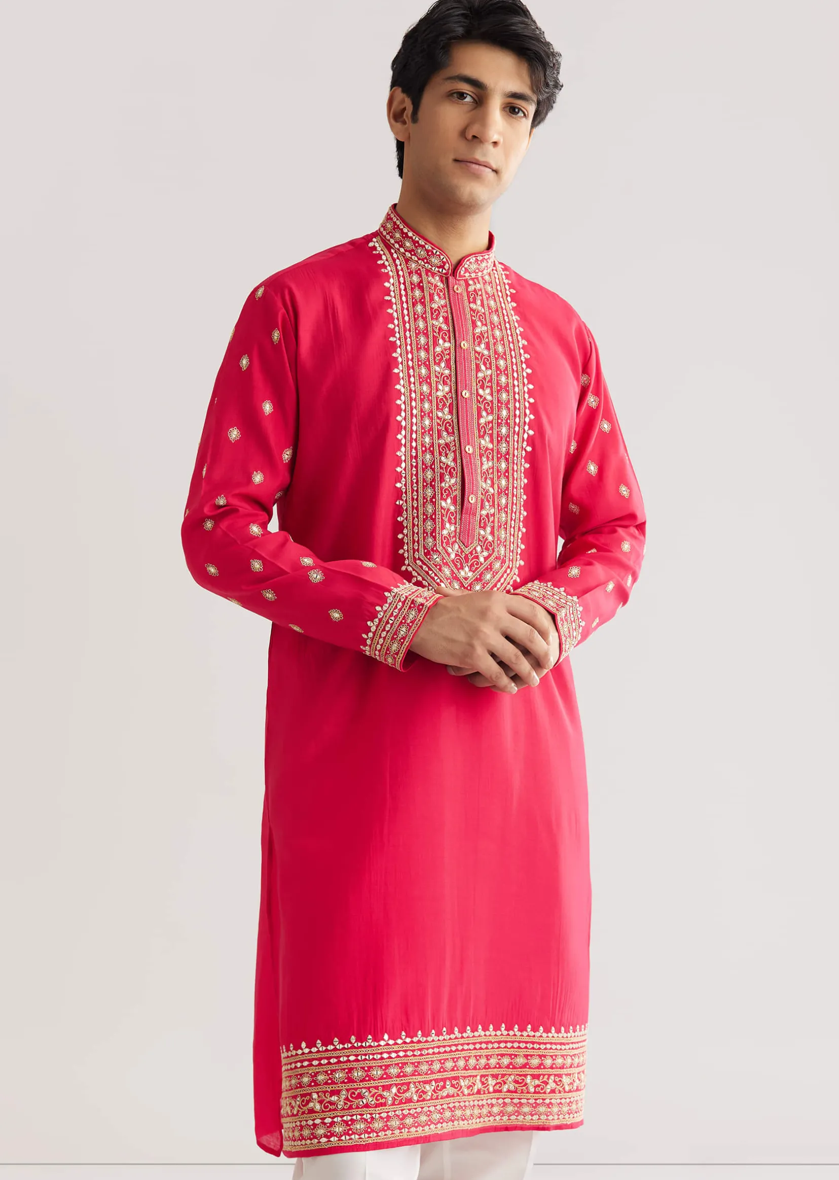 Pink Silk Yoke Embroidered Kurta Set With Gotta And Resham Work