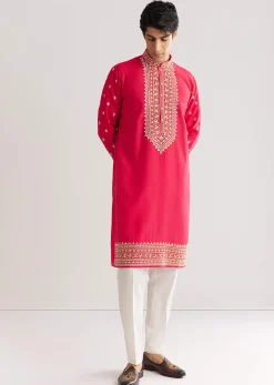 Pink Silk Yoke Embroidered Kurta Set With Gotta And Resham Work