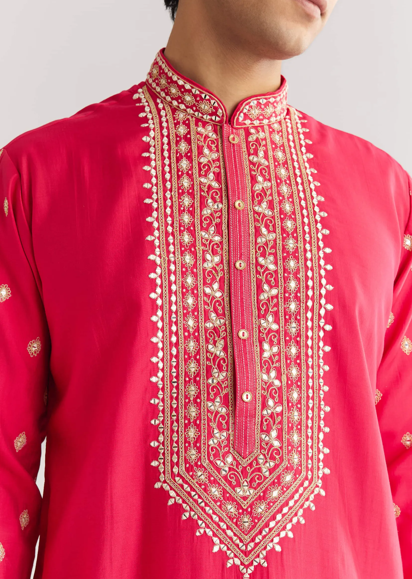 Pink Silk Yoke Embroidered Kurta Set With Gotta And Resham Work