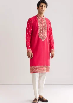 Pink Silk Yoke Embroidered Kurta Set With Gotta And Resham Work