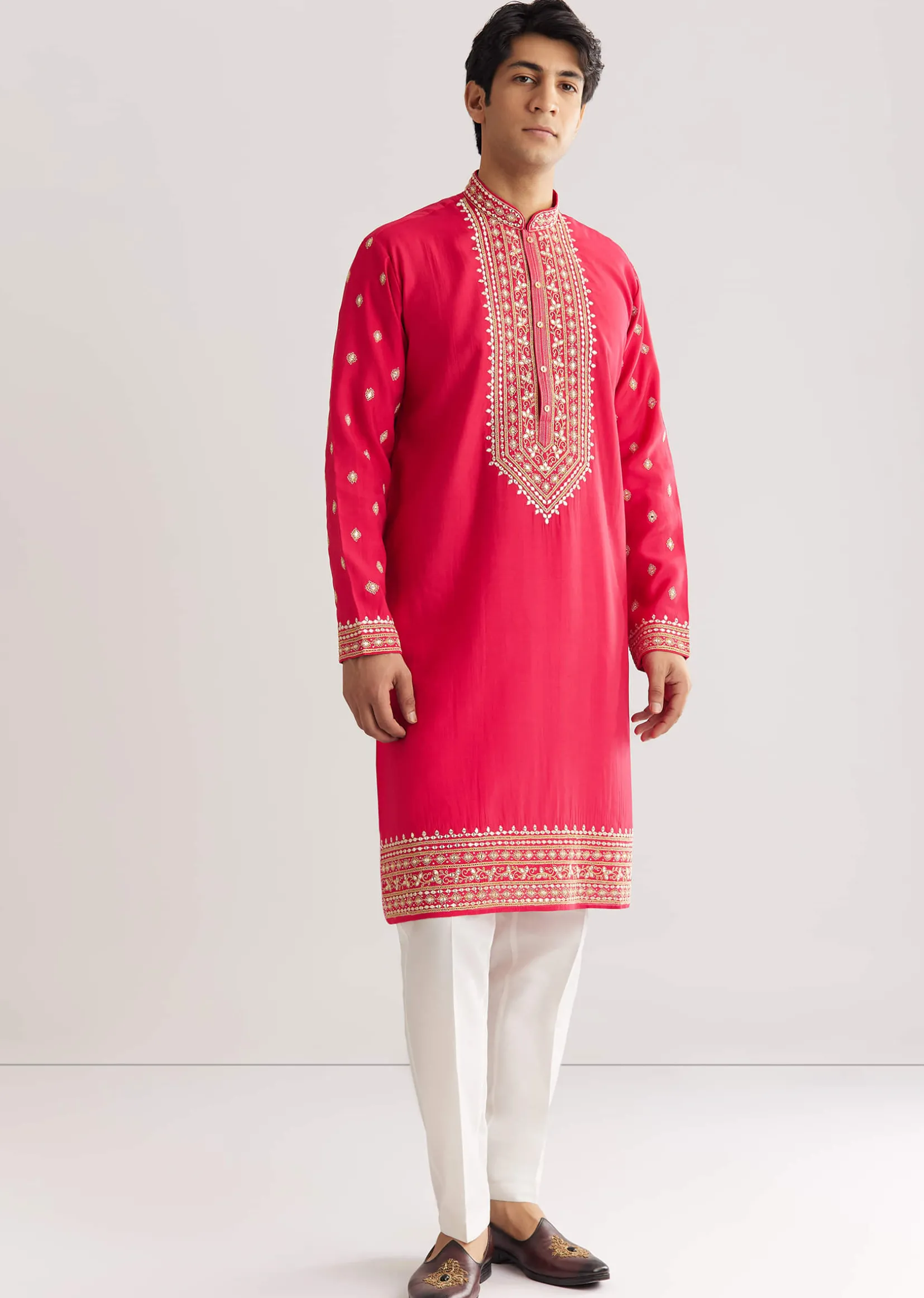 Pink Silk Yoke Embroidered Kurta Set With Gotta And Resham Work