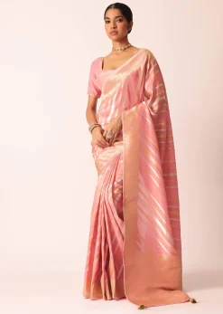 Pink Striped Tissue Silk Saree with Brocade Border Pallu And Unstitched Blouse Piece