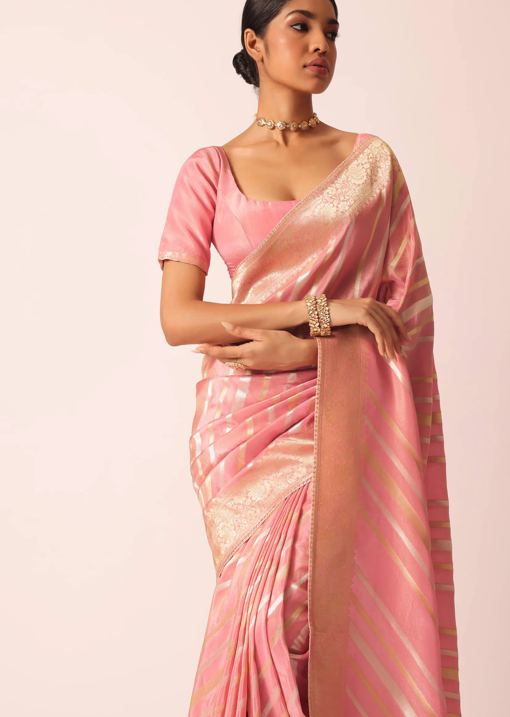 Pink Striped Tissue Silk Saree with Brocade Border Pallu And Unstitched Blouse Piece